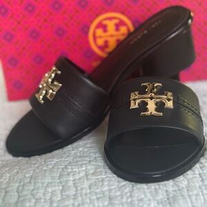 Tory Burch Black Slides with Gold Emblem